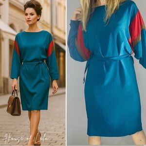 Vintage silk bat wing teal tan red colour block dress. Casual or formal cocktail